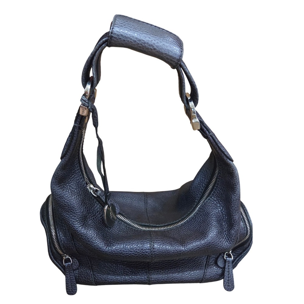 Tods Navy Pebbled Leather Hobo Satchel Bag Silver Old Money Hardware Italy Euro